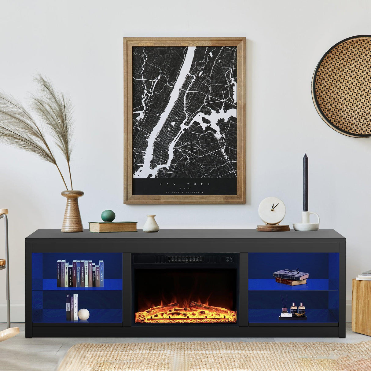 Modern 66" LED TV Stand with 23" Insert Electric Fireplace for Living Room-Parc Decor