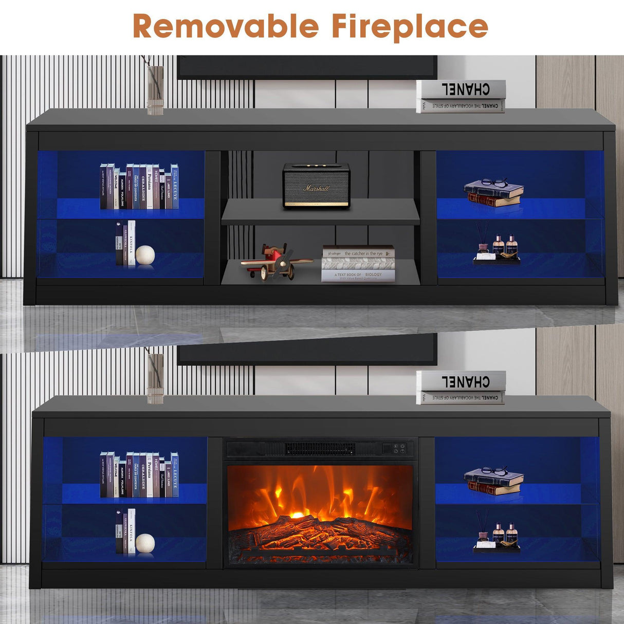 Modern 66" LED TV Stand with 23" Insert Electric Fireplace for Living Room-Parc Decor