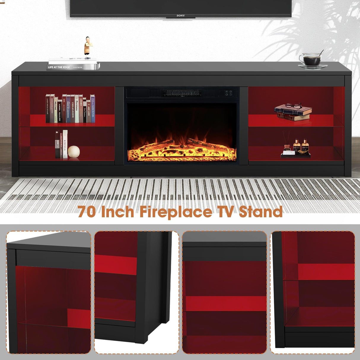 Modern 66" LED TV Stand with 23" Insert Electric Fireplace for Living Room-Parc Decor