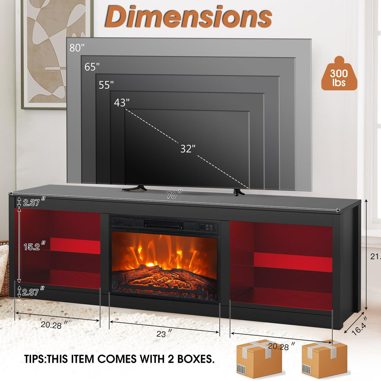 Modern 66" LED TV Stand with 23" Insert Electric Fireplace for Living Room-Parc Decor