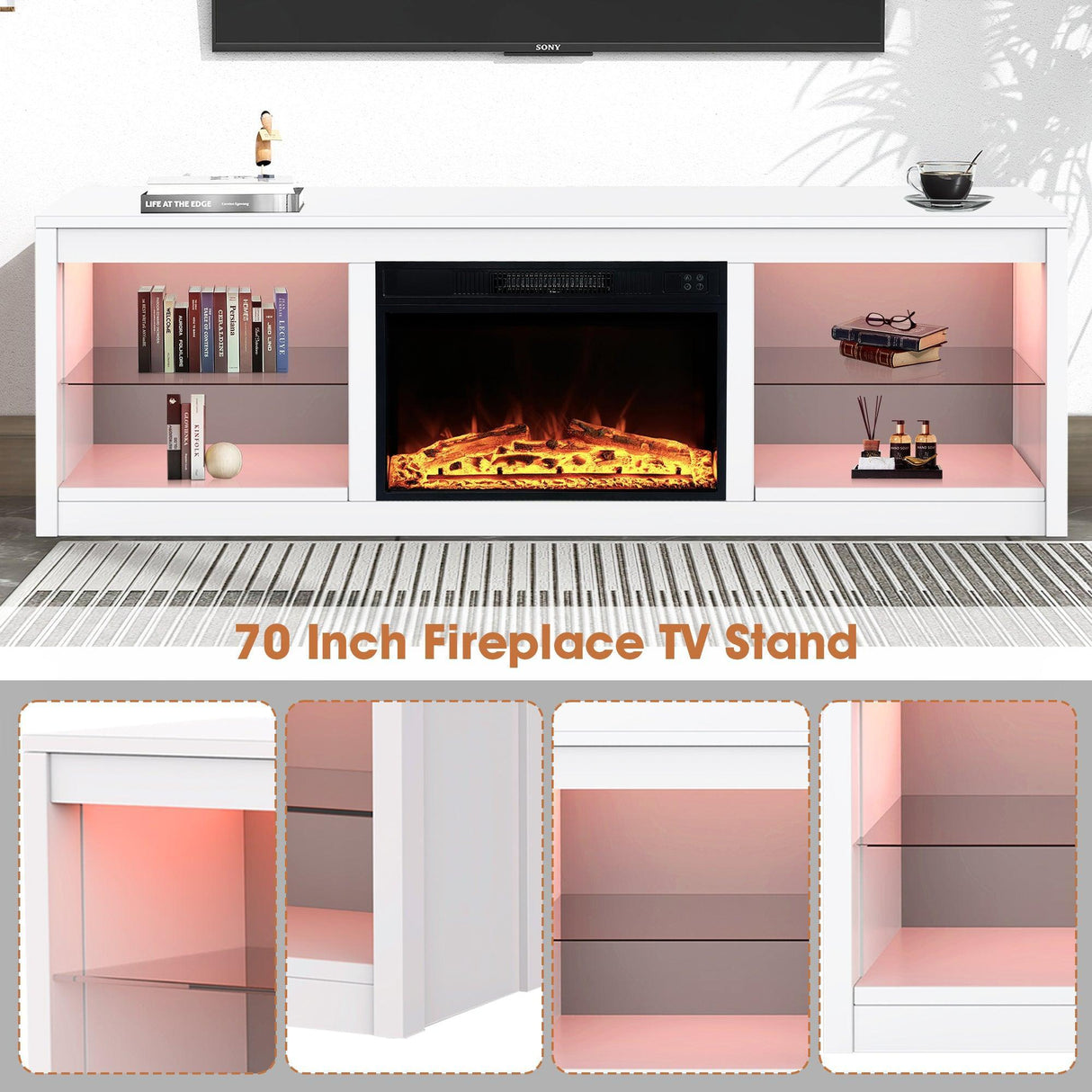Modern 66" LED TV Stand with 23" Insert Electric Fireplace for Living Room-Parc Decor