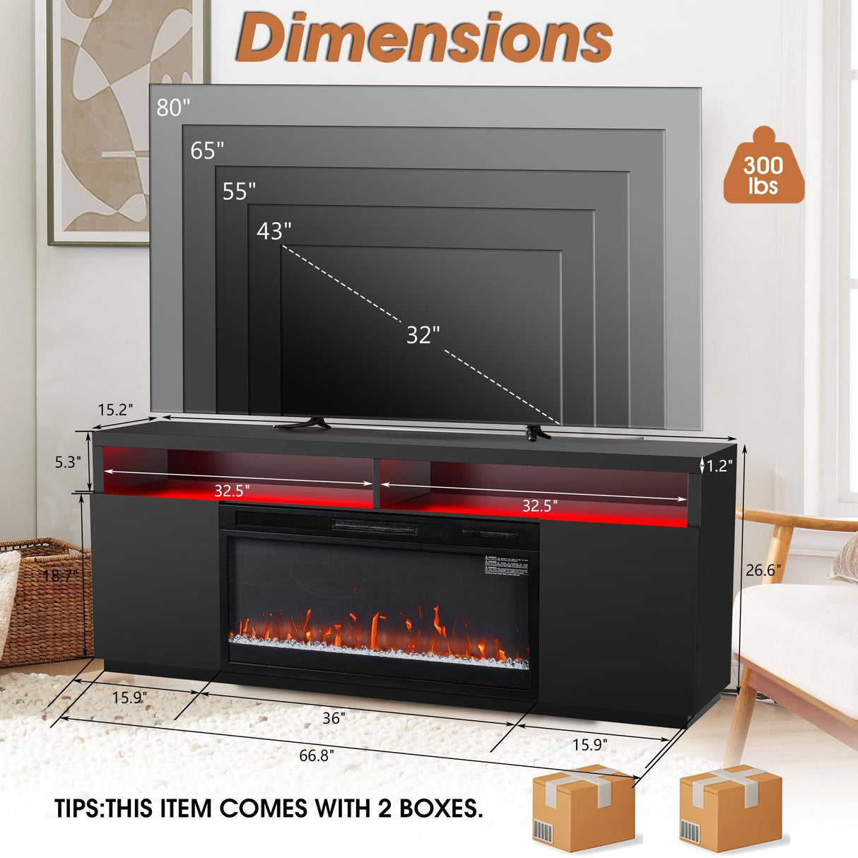 Modern 68" LED TV Stand with 36" Insert Opening Electric Fireplace for Living Room in Black or White-Parc Decor