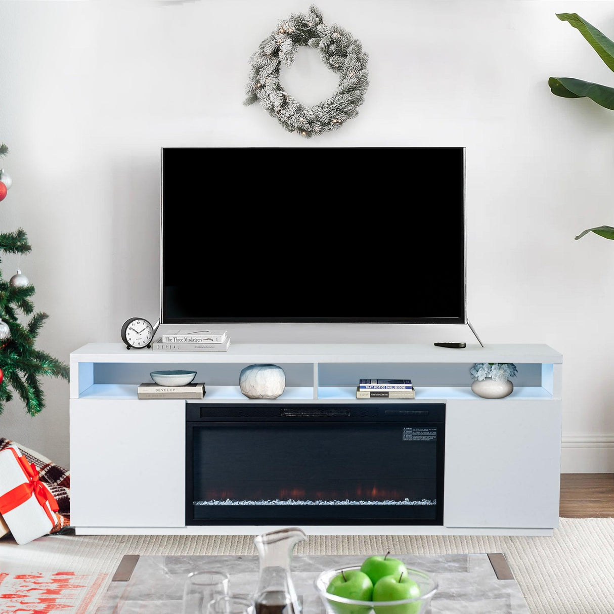 Modern 68" LED TV Stand with 36" Insert Opening Electric Fireplace for Living Room in Black or White-Parc Decor