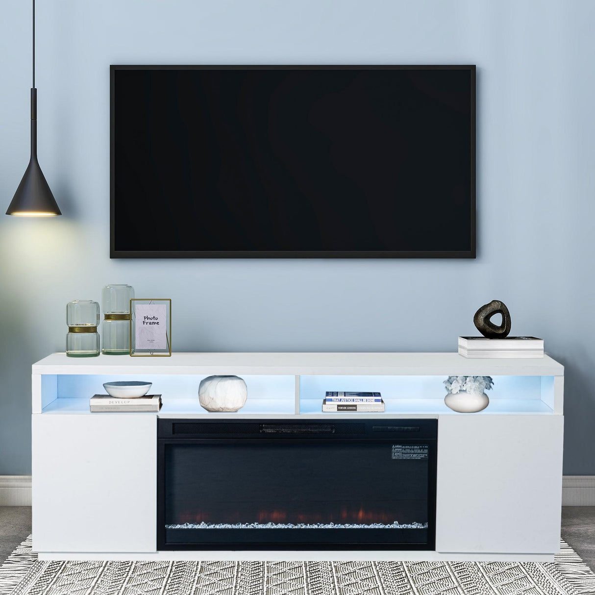Modern 68" LED TV Stand with 36" Insert Opening Electric Fireplace for Living Room in Black or White-Parc Decor