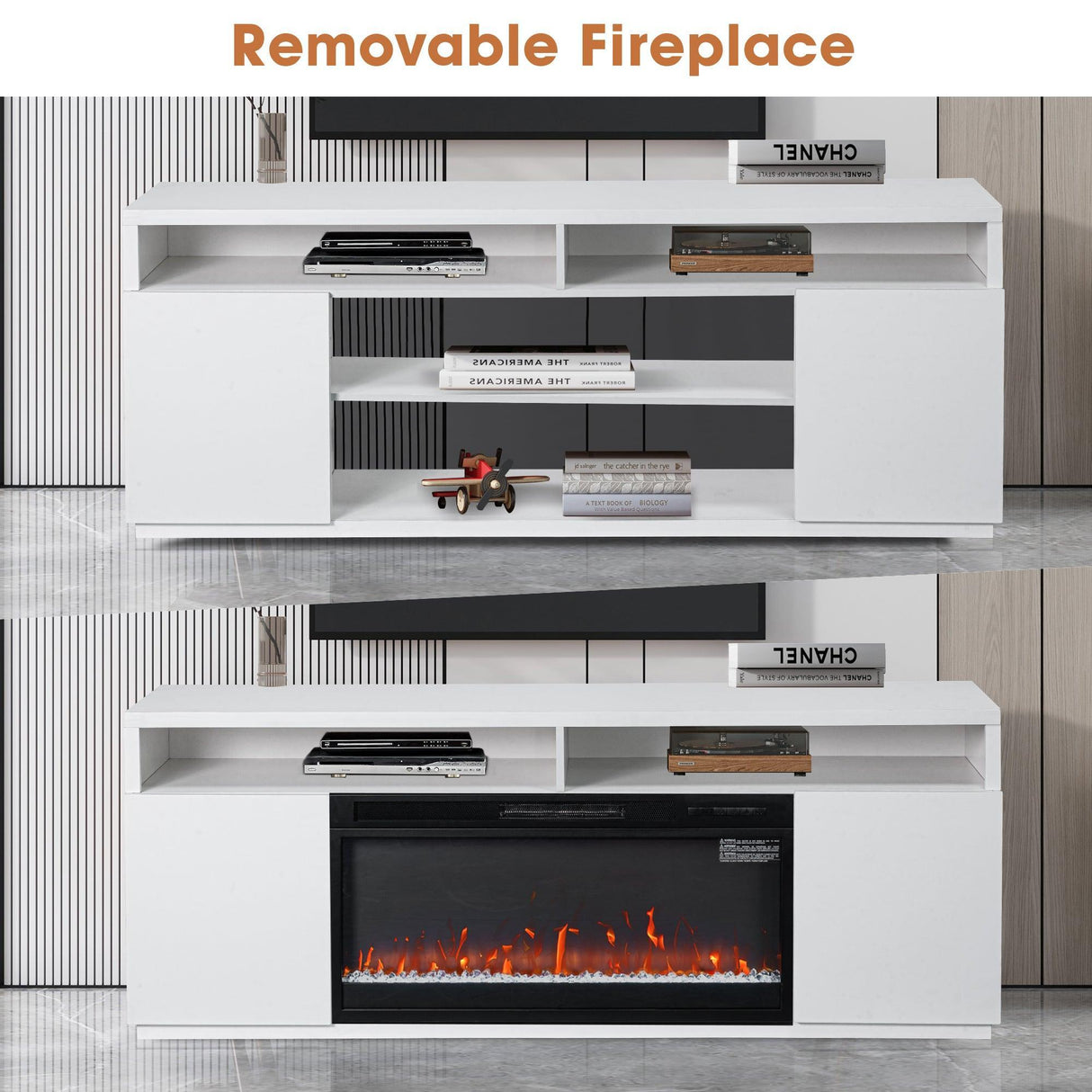 Modern 68" LED TV Stand with 36" Insert Opening Electric Fireplace for Living Room in Black or White-Parc Decor