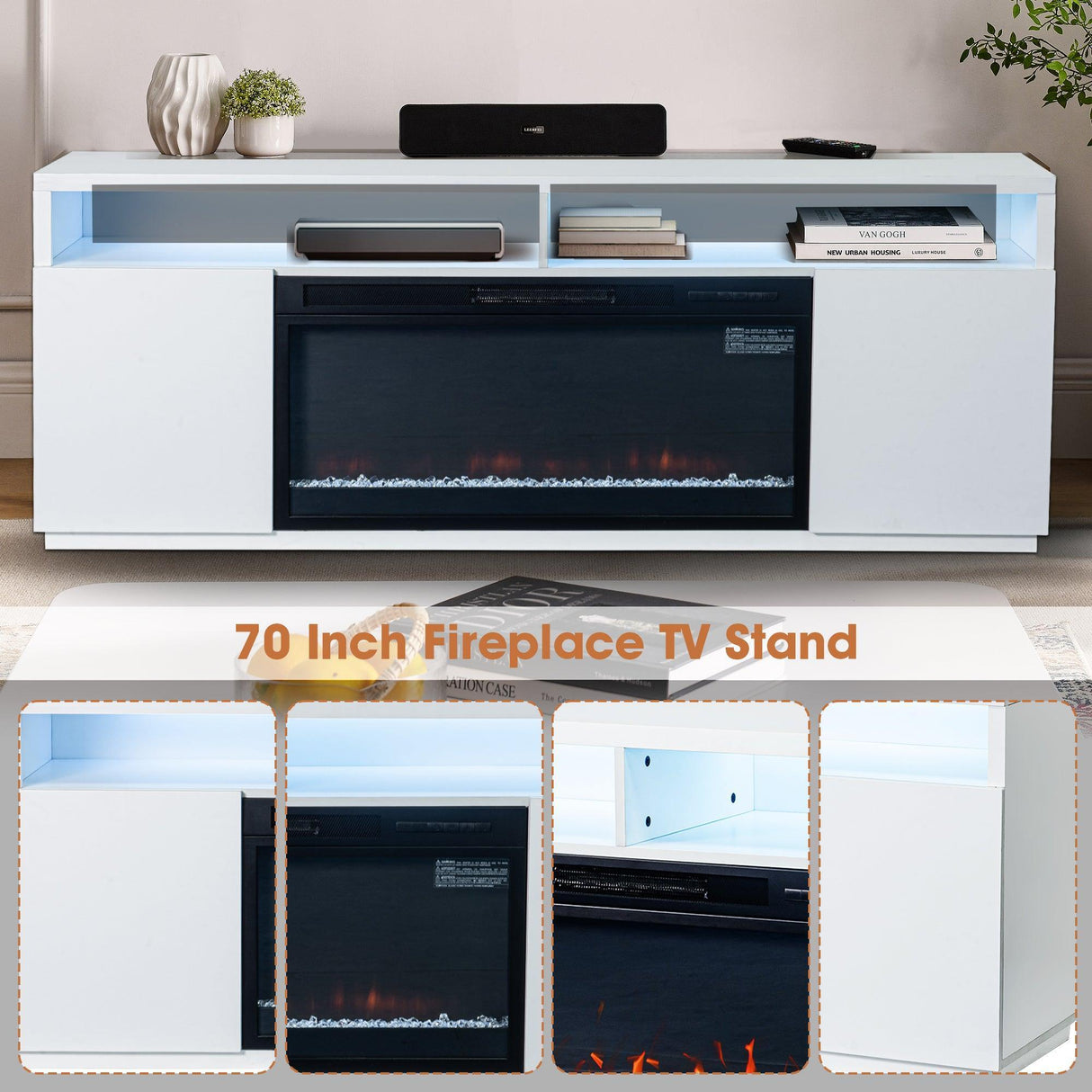 Modern 68" LED TV Stand with 36" Insert Opening Electric Fireplace for Living Room in Black or White-Parc Decor