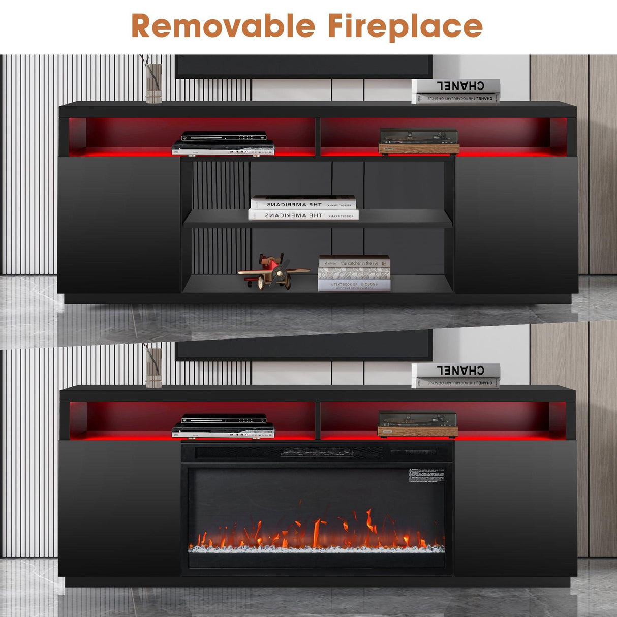 Modern 68" LED TV Stand with 36" Insert Opening Electric Fireplace for Living Room in Black or White-Parc Decor