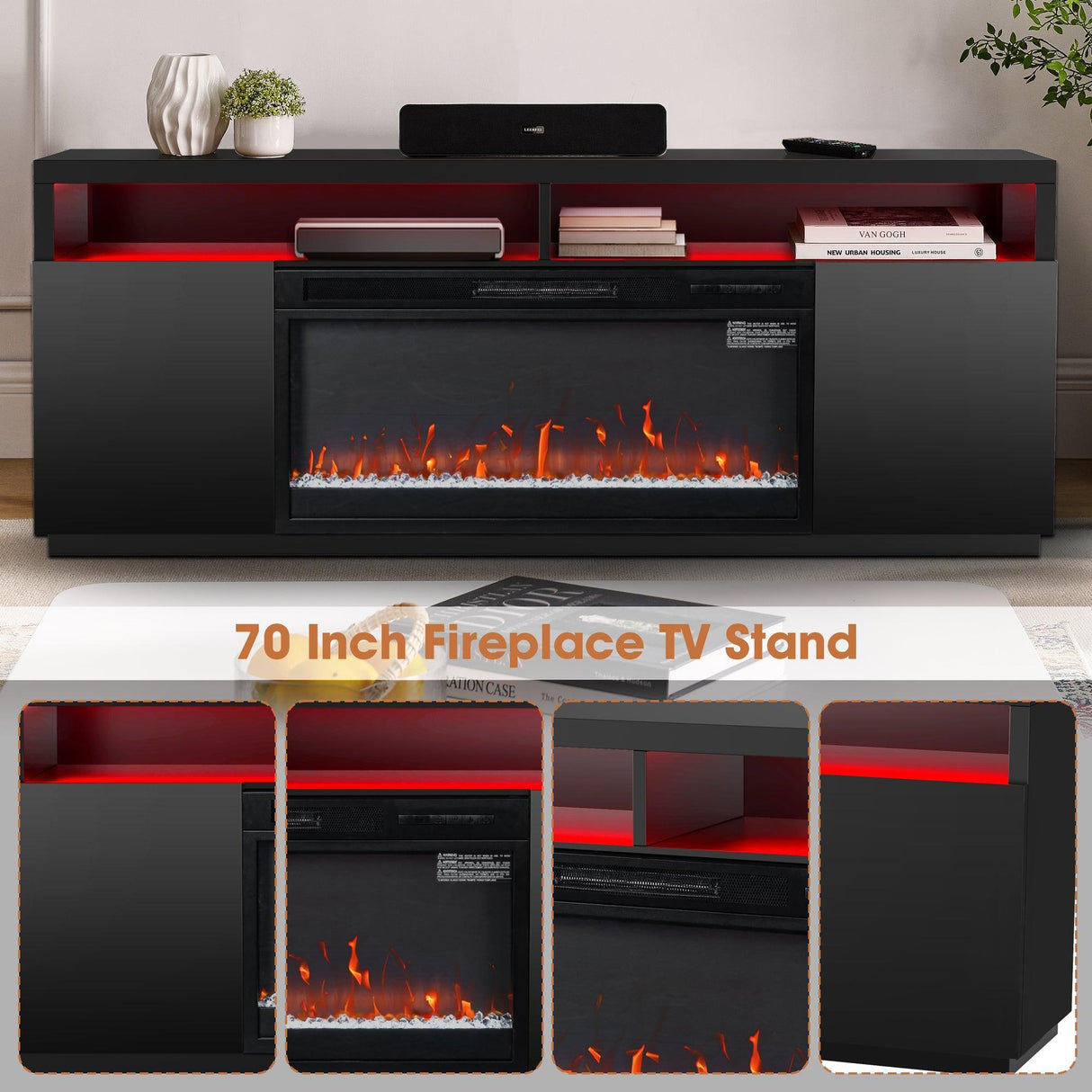 Modern 68" LED TV Stand with 36" Insert Opening Electric Fireplace for Living Room in Black or White-Parc Decor