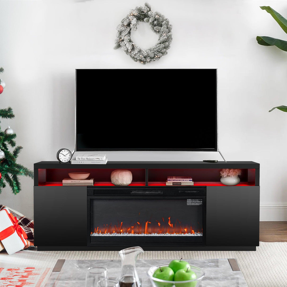 Modern 68" LED TV Stand with 36" Insert Opening Electric Fireplace for Living Room in Black or White-Parc Decor