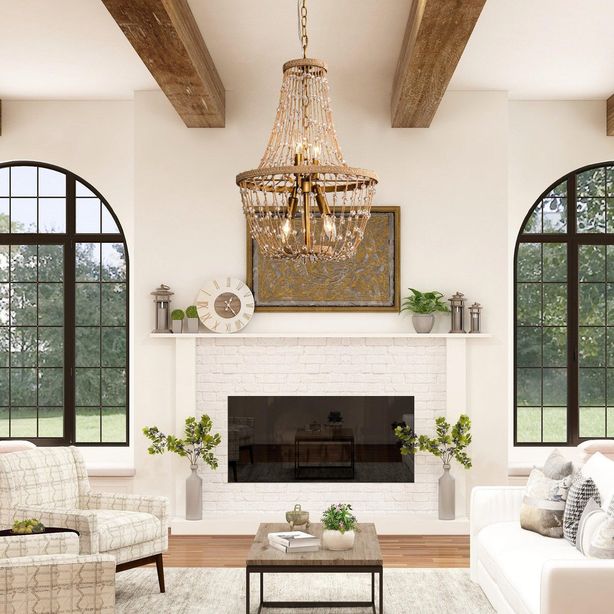 Modern Beaded Basket Weathered Wood 4-Light Chandelier-Parc Decor