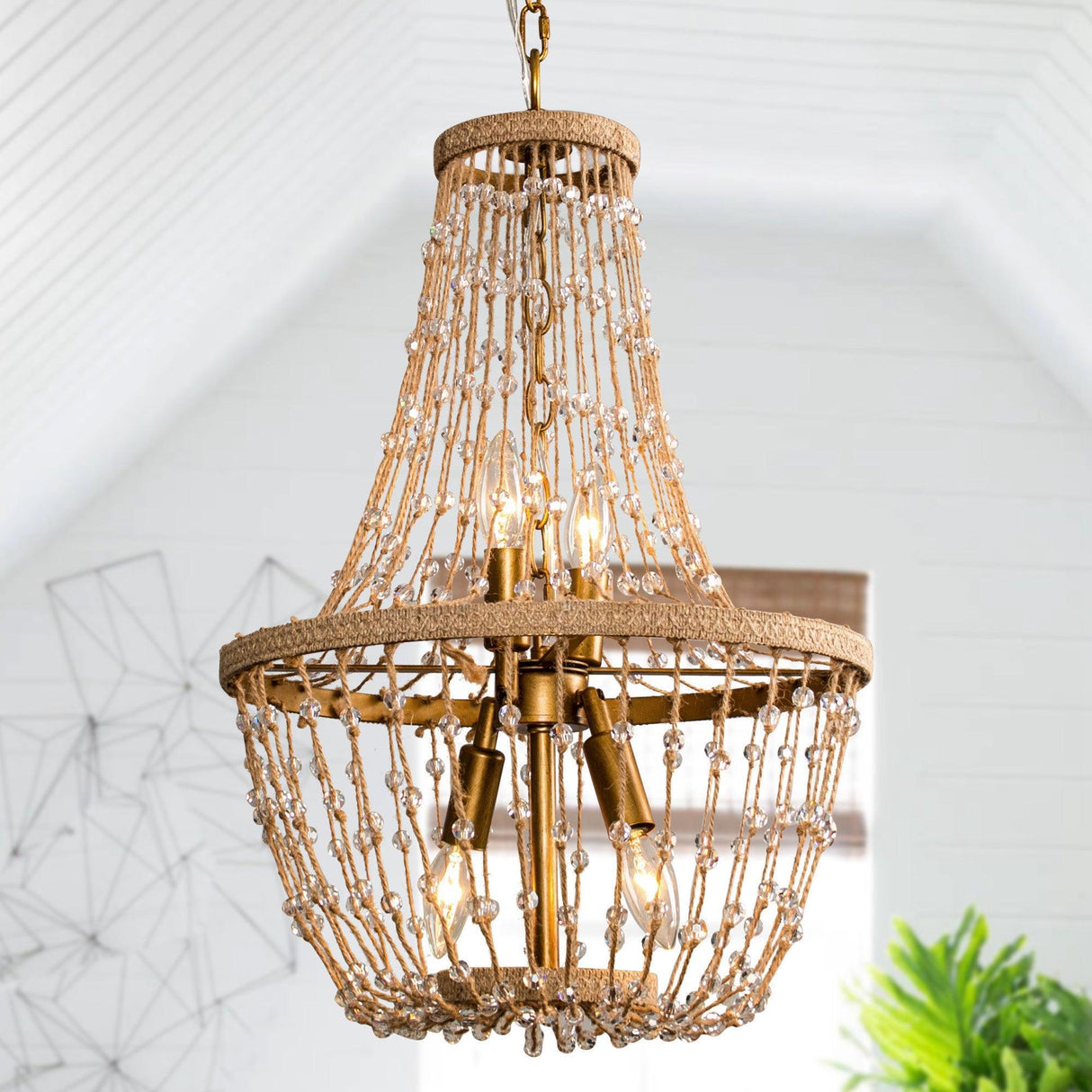 Modern Beaded Basket Weathered Wood 4-Light Chandelier-Parc Decor