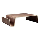Montecito Coffee Table: Dark wood coffee table with a curved, modern design and open storage.