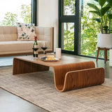 Montecito Coffee Table: Mid-century modern walnut wood coffee table with curved, open storage.