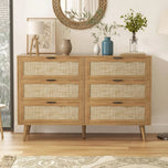 Morello Dresser, a walnut wood dresser with six rattan-front drawers and black pulls.