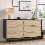 Morello dresser with black frame, natural wood drawers with cane fronts, and black legs.