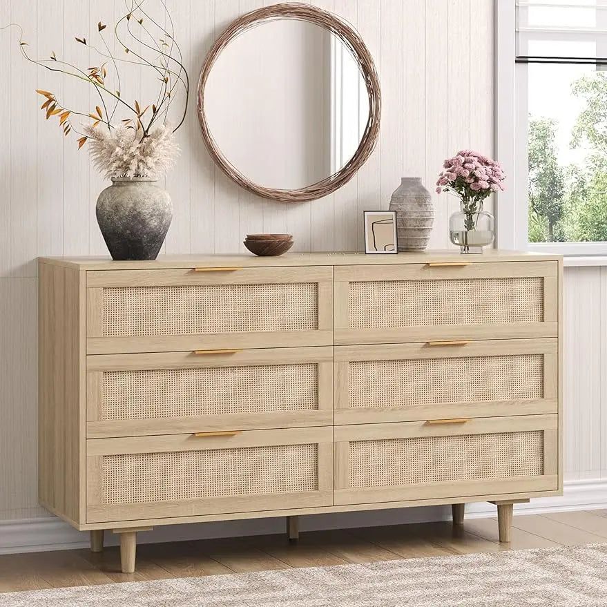 Morello dresser with light wood finish, six cane-front drawers, and gold pulls.
