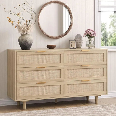 Morello dresser with light wood finish, six cane-front drawers, and gold pulls.