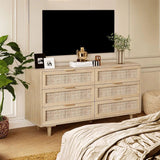 Morello dresser with light wood finish, six drawers with woven cane fronts, and gold pulls.