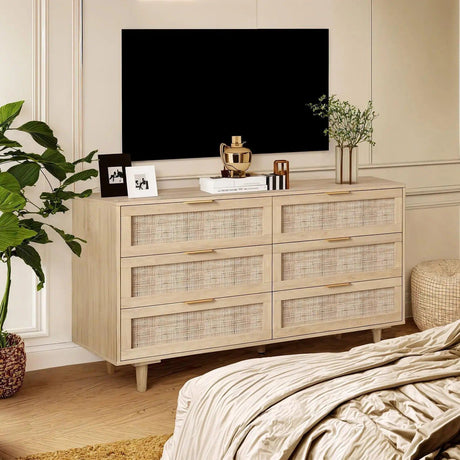 Morello dresser with light wood finish, six drawers with woven cane fronts, and gold pulls.