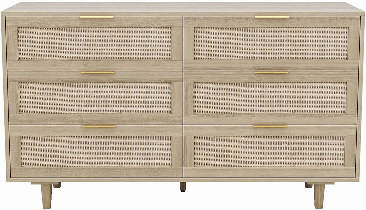 Morello dresser with light wood finish, six drawers featuring cane fronts and gold bar pulls.
