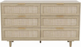 Morello dresser with light wood finish, six drawers featuring cane fronts and gold bar pulls.