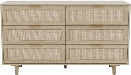 Morello dresser with light wood finish, six drawers featuring cane fronts and gold bar pulls.