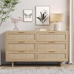 Morello dresser in natural wood with six cane-front drawers and gold pulls.