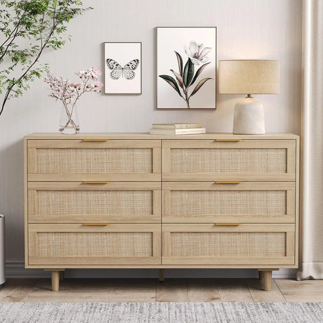 Morello dresser in natural wood with six cane-front drawers and gold pulls.