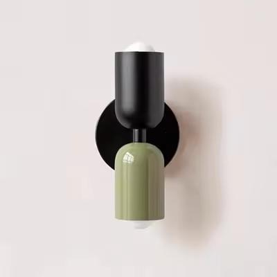 Mura Wall Light, Style 10. Modern black and sage green metal wall sconce with two cylindrical shades.