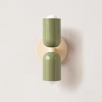 Mura Wall Light, Style 4. Two olive green cylindrical shades on a round beige backplate.