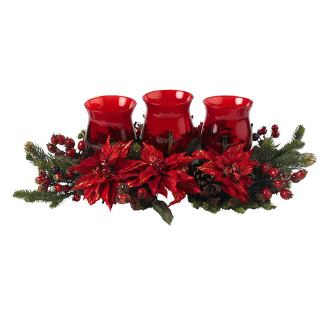 Poinsettia & Berry Triple Candle Holder-Parc Decor