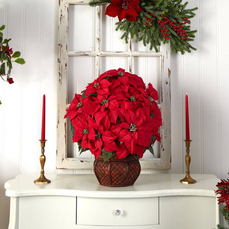 Poinsettia w/Decorative Planter Silk arrangement-Parc Decor