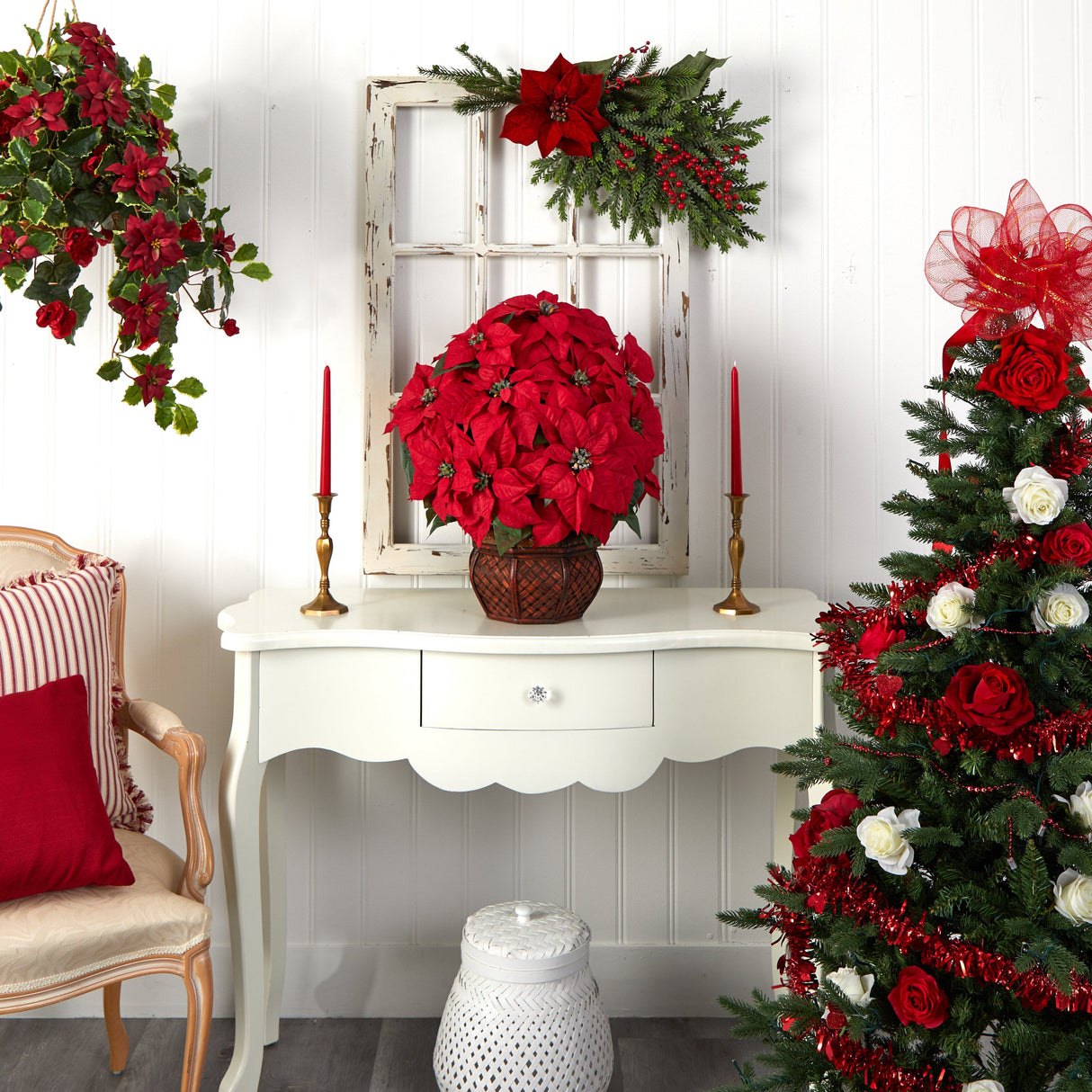 Poinsettia w/Decorative Planter Silk arrangement-Parc Decor