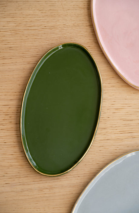 Porcelain Oval Serving Platter with Gold Rim. Green-Parc Decor