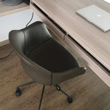 Prescott Office Chair: Dark brown leatherette office chair with black metal base and casters, beside a light wood desk.
