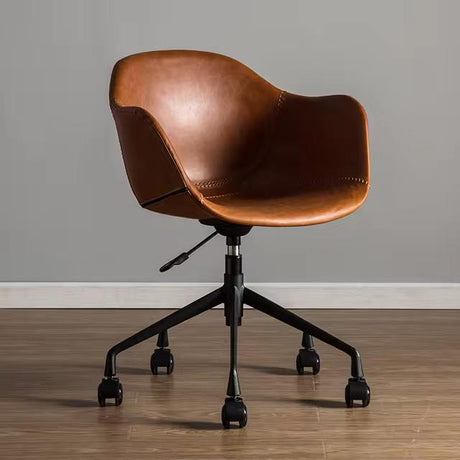Prescott Office Chair: Brown leather office chair with black five-star base and casters.