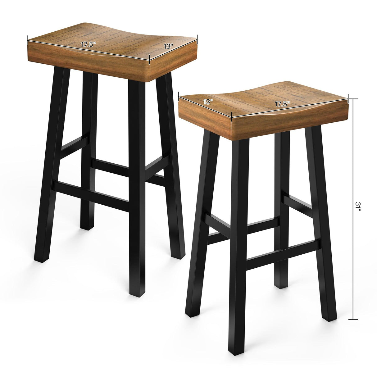Set of 2 Farmhouse Solid Wood Bar Stools - Backless Saddle Seat Counter Height Chairs for Kitchen Island, Breakfast Nook & Home Office-Parc Decor