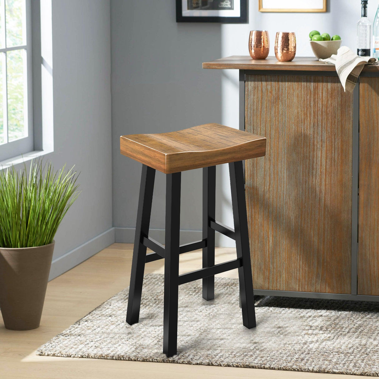Set of 2 Farmhouse Solid Wood Bar Stools - Backless Saddle Seat Counter Height Chairs for Kitchen Island, Breakfast Nook & Home Office-Parc Decor
