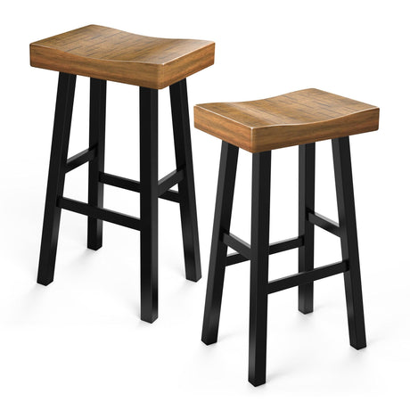 Set of 2 Farmhouse Solid Wood Bar Stools - Backless Saddle Seat Counter Height Chairs for Kitchen Island, Breakfast Nook & Home Office-Parc Decor