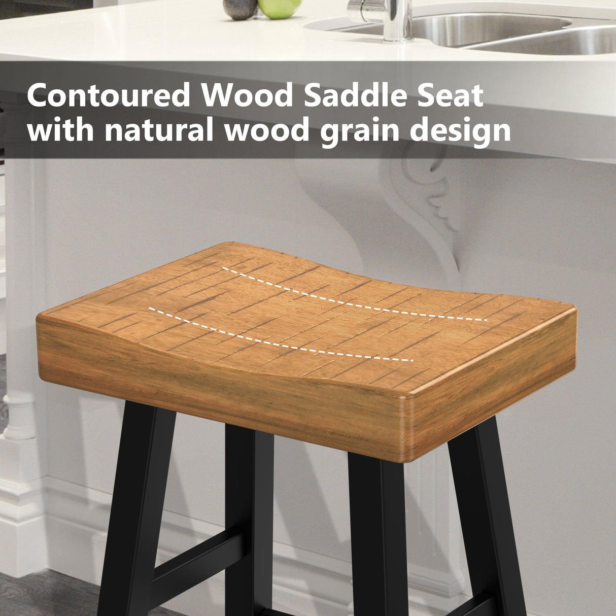 Set of 2 Farmhouse Solid Wood Bar Stools - Backless Saddle Seat Counter Height Chairs for Kitchen Island, Breakfast Nook & Home Office-Parc Decor