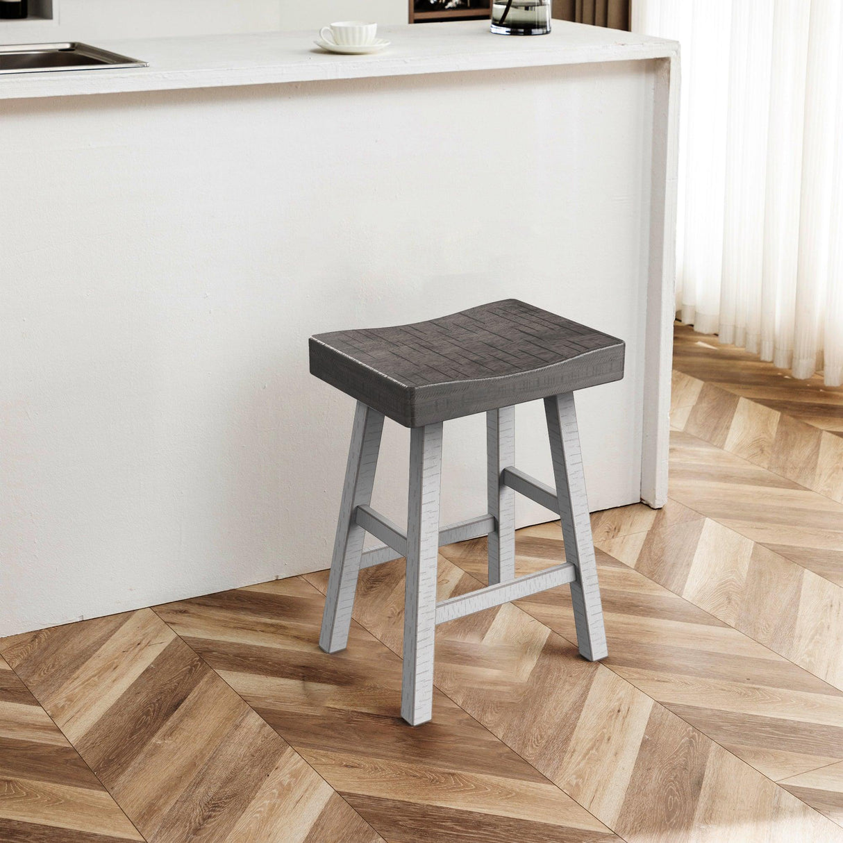 Set of 2 Farmhouse Solid Wood Bar Stools - Backless Saddle Seat Counter Height Chairs for Kitchen Island, Breakfast Nook & Home Office-Parc Decor