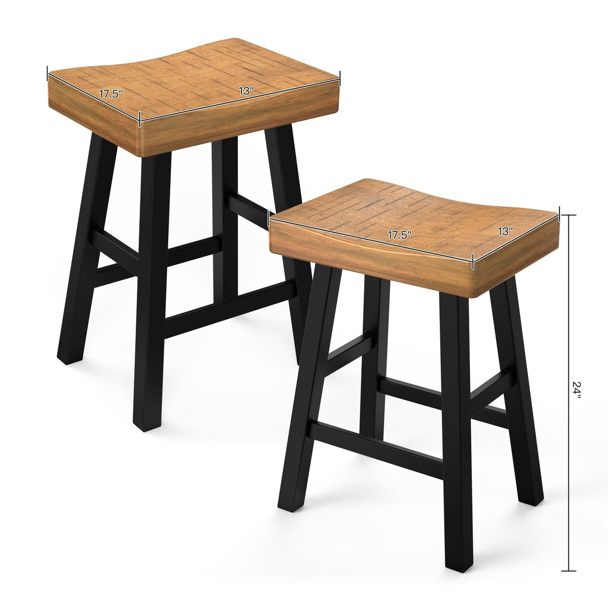 Set of 2 Farmhouse Solid Wood Bar Stools - Backless Saddle Seat Counter Height Chairs for Kitchen Island, Breakfast Nook & Home Office-Parc Decor
