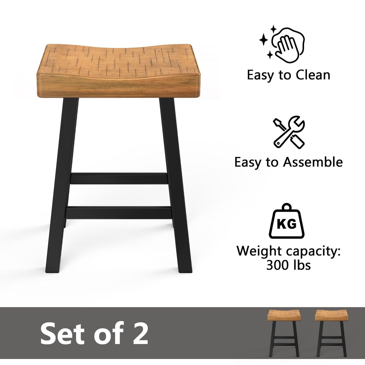 Set of 2 Farmhouse Solid Wood Bar Stools - Backless Saddle Seat Counter Height Chairs for Kitchen Island, Breakfast Nook & Home Office-Parc Decor