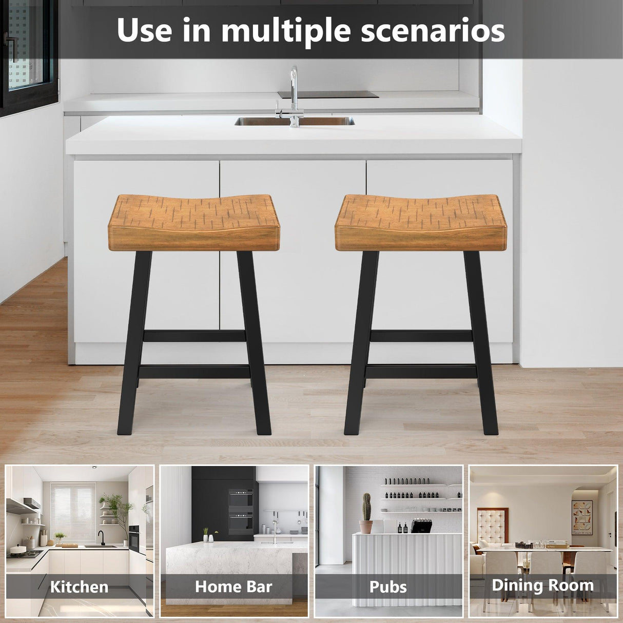 Set of 2 Farmhouse Solid Wood Bar Stools - Backless Saddle Seat Counter Height Chairs for Kitchen Island, Breakfast Nook & Home Office-Parc Decor