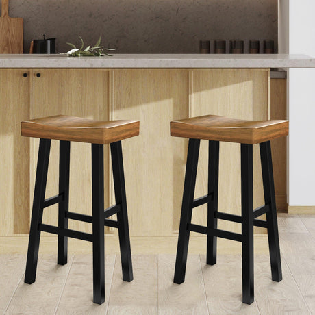 Set of 2 Farmhouse Solid Wood Bar Stools - Backless Saddle Seat Counter Height Chairs for Kitchen Island, Breakfast Nook & Home Office-Parc Decor