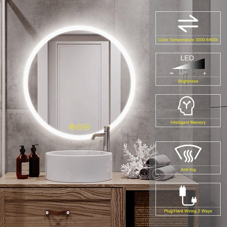 SmartReflect Modern Round LED Dimmable Anti-Fog Frameless Bathroom Vanity Mirror-Parc Decor