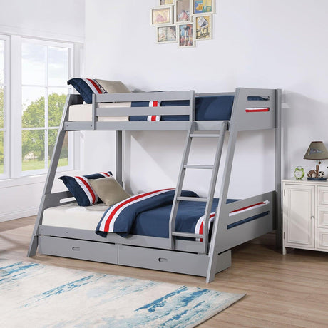 Solid Wood Twin / Full Bunk Bed with Reversible Angled Ladder and Underbed Drawers-Parc Decor