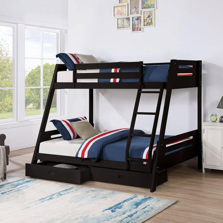 Solid Wood Twin / Full Bunk Bed with Reversible Angled Ladder and Underbed Drawers-Parc Decor