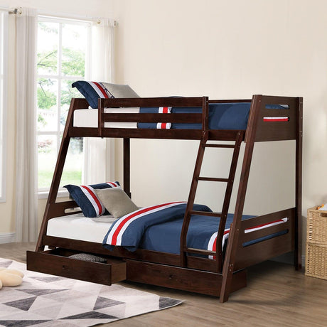 Solid Wood Twin / Full Bunk Bed with Reversible Angled Ladder and Underbed Drawers-Parc Decor