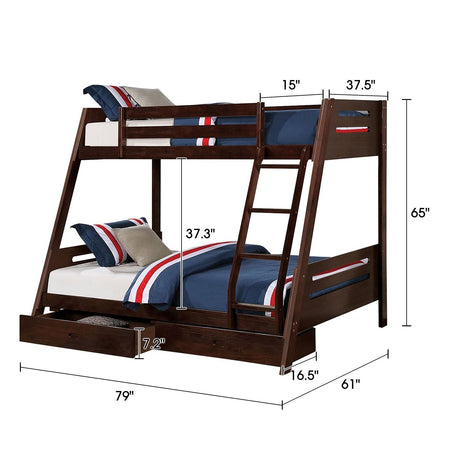 Solid Wood Twin / Full Bunk Bed with Reversible Angled Ladder and Underbed Drawers-Parc Decor